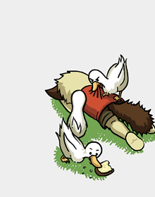 A young cat boy lies face-down in the grass while geese climb over him and one eats the abandoned slice of bread.