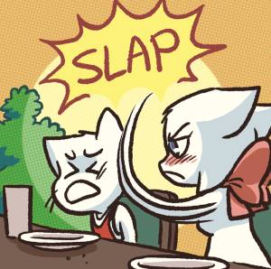 Lucy, blushing and annoyed, slaps Jordan hard across the face at the dinner table.