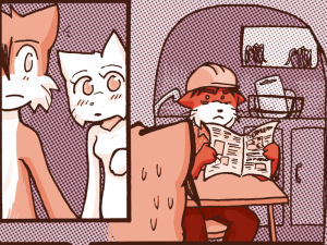 Rodrigo, in work clothes and a hard hat, peers over his newspaper in shock at Paulo and Lucy holding hands.
