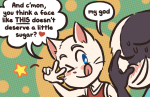 Jordan sticks his tongue out and winks, making a V-sign by his eye, saying "And c'mon, you think a face like THIS doesn't deserve a little sugar?"