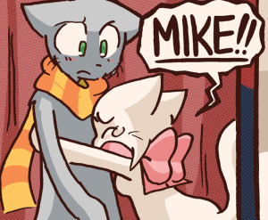 Lucy hugs Mike and cries into his chest while his arms hang at his sides.