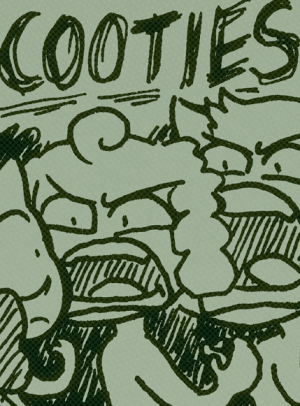 Two children turn and scream "COOTIES" at a tiny, wide-eyed Lucy.