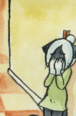 Jasmine leans against the hallway wall, covering her face with both hands as she cries.