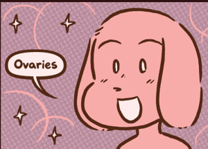 David, surrounded by sparkles, smiles blankly and answers "Ovaries" when Katie asks what product he uses.