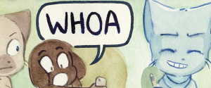 David slaps a hand to his cheek, mouth agape, yelling "WHOA" at his phone while Mike writes on with a smug grin.