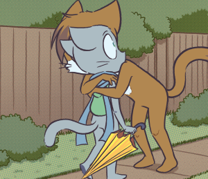Paulo pulls Mike into a tight hug on the sidewalk; Mike stiffens with wide eyes over his shoulder, umbrella still in hand.