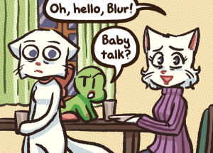Lucy stands frozen holding her glass, pupils shrunk to pinpricks, staring at Blur while Yashy and Carol look on.