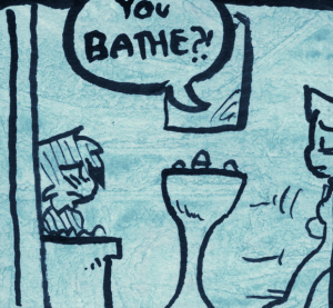 An embarrassed Lucy steps back and shouts "You BATHE?!" while an equally embarrassed Paulo stares back at her.