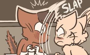 Daisy leans across the Burger-Tron table and slaps Abbey across the face, knocking his head to the side as the milkshake wobbles.