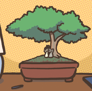 Little figures of Mike and Sandy sit together at the base of the bonsai tree on Mike's desk.