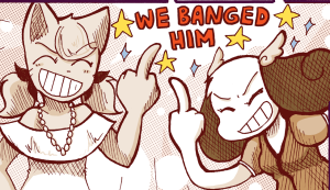 Jessica and Rachel face Tess with middle fingers raised, declaring "WE BANGED HIM".