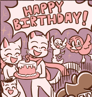 Lucy and Mike hold up a birthday cake with a number-5 candle while Lily, Chirpy and Blur smile and everyone shouts "HAPPY BIRTHDAY!"