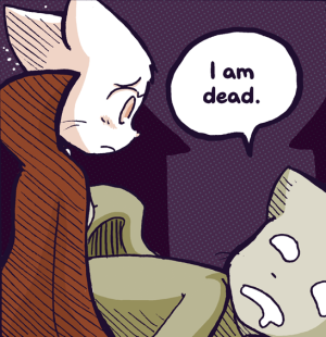 Mike lies gray on the sidewalk with blank white eyes and says "I am dead."