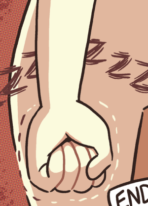 Lucy's hand clenches into a trembling fist against a background of dark static tinged red.
