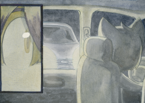 The headlights of an oncoming car flood the inside of Matt's car as it speeds toward them, only feet away.