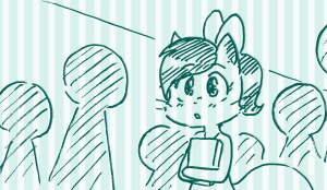 Sandy watches from a hallway crowd as Lucy, wearing a large ribbon on her back, walks past.