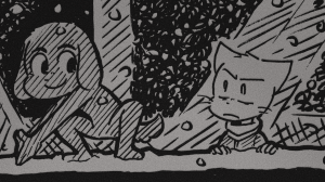 David crouches on the snowy bridge railing, grinning and ready to dive in, while a weary Mike looks up at him.