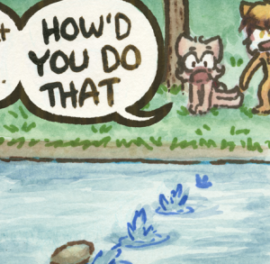 A rock skips across the surface of the water as Daisy, propped up on her arms, shouts "HOW'D YOU DO THAT".