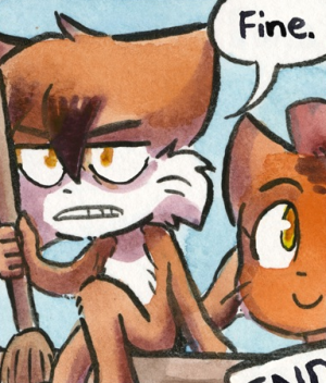 Paulo grips a broom with gritted teeth, saying "Fine.", while Amaya smiles pleasantly behind him.