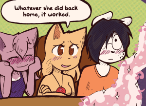 Lucy sings with her eyes closed as a winding trail of sparkling pink light and musical notes rises from her, while Jessica, Sue and the dog at the director's table blush.