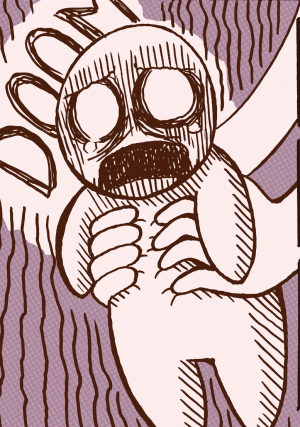 Daisy holds up Alegria, a baby doll with a permanently screaming face, against a background reading "DOOM".