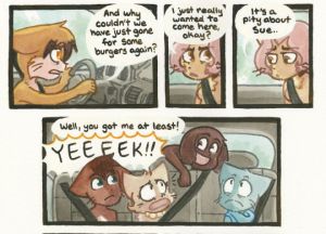Screenshot of two Scenic Route panels above the author comment "Sue died earlier that day".