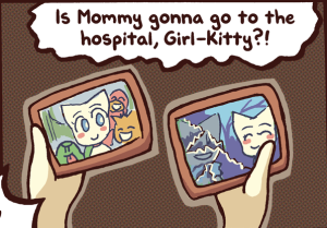 Yashy holds up two framed photos. The photo of Lucy with her pets is intact, and the frame around the photo of Mike and Lucy is cracked.