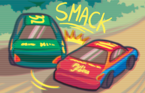 Lucy's race car slams into the side of Mike's car, sending it flying off the dirt track.