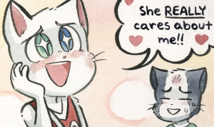 Jordan, eyes sparkling, holds a hand to his blushing cheek and exclaims "She REALLY cares about me!!" while Matt smiles and sweats beside him.