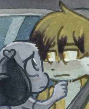 Inside the parked car, Rachel gently lifts Paulo's chin toward her; both of them are blushing as they look into each other's eyes.