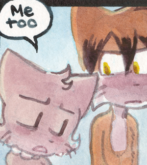 Daisy droops her head with a weary, defeated expression and says "Me too" while Paulo glances down at her.