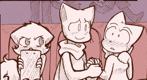 Mike clutches Lucy's hand and smiles at her kindly; both of them are blushing while Daisy glares from behind her clipboard.