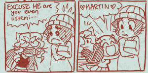 Rough sketch of Rachel grabbing Matt's arm in the hallway.