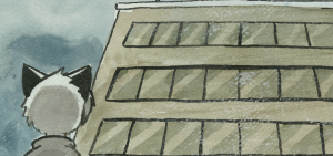 A silhouetted figure stands at the edge of the roof of a large multi-story building.