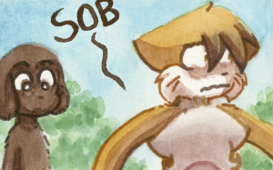 Daisy cries against Paulo's chest while he blushes and holds his arms stiffly out to the sides; David watches from the side.