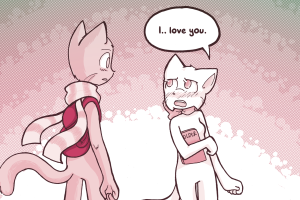 The page's tint turns rosy pink as Lucy, clutching her folder, looks up at Mike and says "I.. love you."