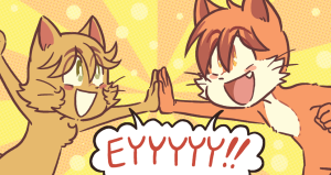Paulo and James leap into the air and high-five each other, both yelling "EYYYYY!!".