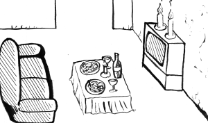 A sofa faces a cloth-covered table set with two plates of spaghetti, two wine glasses, a bottle and a candle, while two more candles burn on top of an old television.