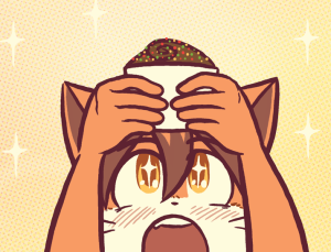 Paulo holds a chocolate pudding cup above his head against a sparkling background, saying "I can't believe it.. I've been blessed with a bountiful feast..".
