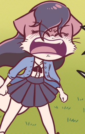 Sandy stands at the bottom of the hill with her fists clenched, shouting "Why don't you just GROW UP?!".