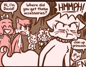 David wears a crown and earrings with a flower motif and says "Hi, I'm David!" while Paulo asks where he got the accessories.