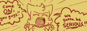 Daisy stands at the library table with her fists clenched, shouting "Come ON, you guys!! We gotta be SERIOUS!!"