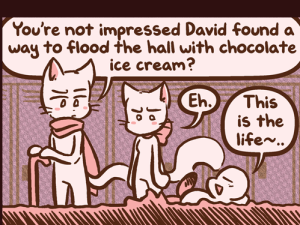 Yashy floats on her back down a river of chocolate ice cream flowing through the school hallway.