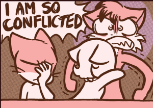 Paulo grits his teeth with wide, crazed eyes and says "I AM SO CONFLICTED" while Daisy clings to him and Mike facepalms.