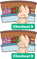 Daisy's updated Checkout graphic - now including a more flustered version for people who wanna buy a lot of stuff.