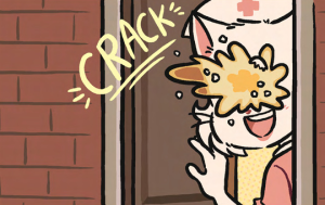 An egg cracks against Carol's face while her delighted, welcoming smile stays exactly the same.