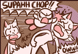 Yashy divebombs from above shouting "SUPAHH CHOP!!" and hits Sue on the head as Mike yelps in surprise.
