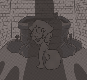 Lucy stands cornered in front of a dumpster, hands raised near her face, as one massive shadow and three smaller shadows stretch across the ground toward her.