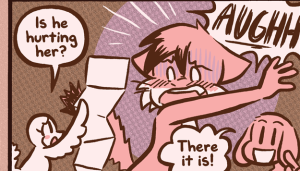 Chirpy holds up a magazine centerfold with big worried eyes and asks "Is he hurting her?"