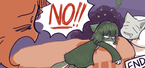 Abbey screams "NO!!" at Molly, who lies green and foaming across the sleeping Mike.